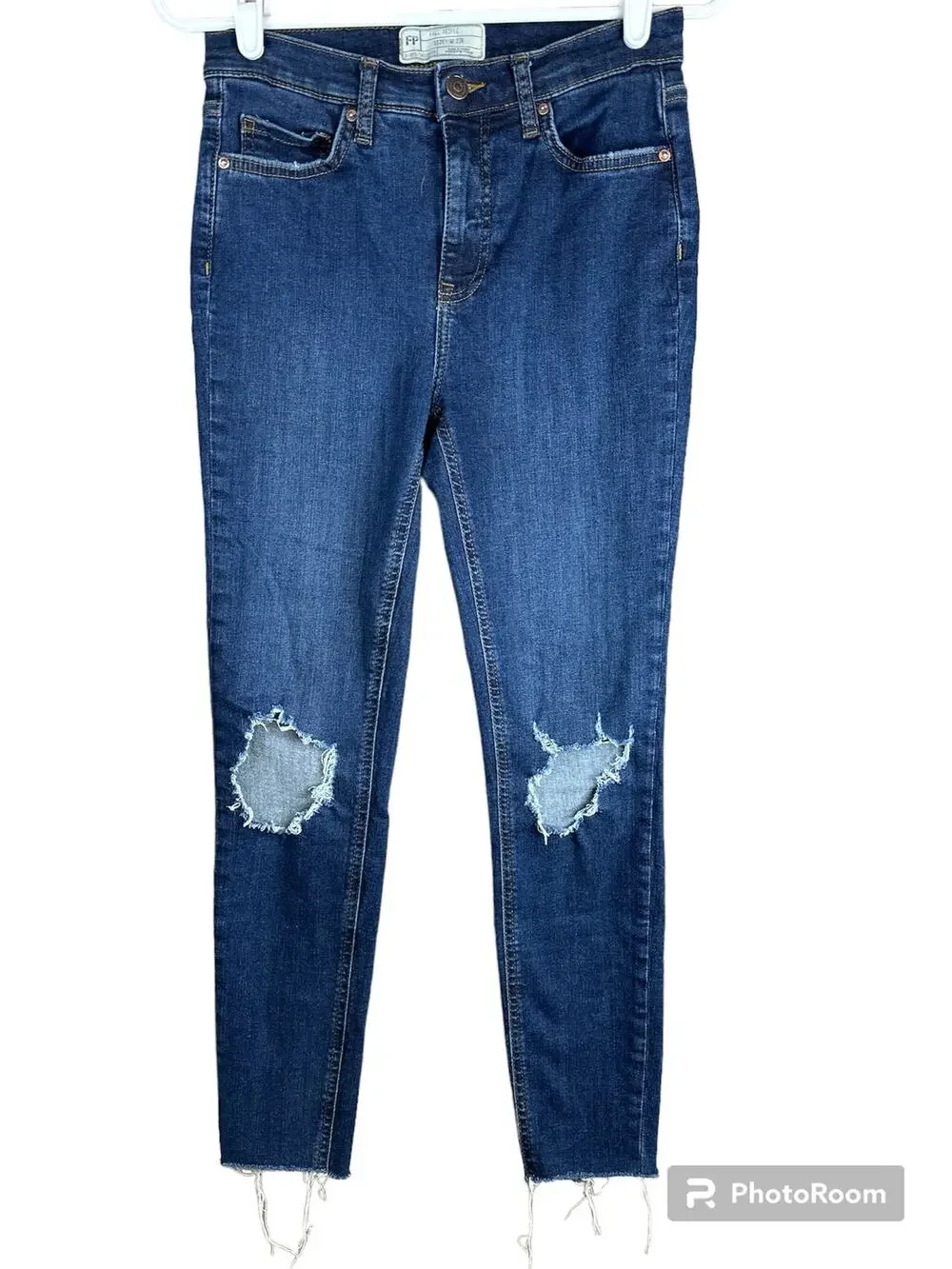 Free People 'Busted Skinny' Distressed Raw Hem Blue Hi Rise Skinny Jeans Size 27